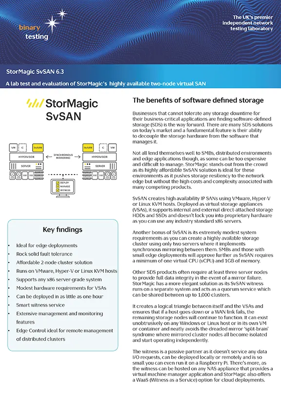 StorMagic SvSAN 6.3 and Edge Control lab-tested by Binary Testing